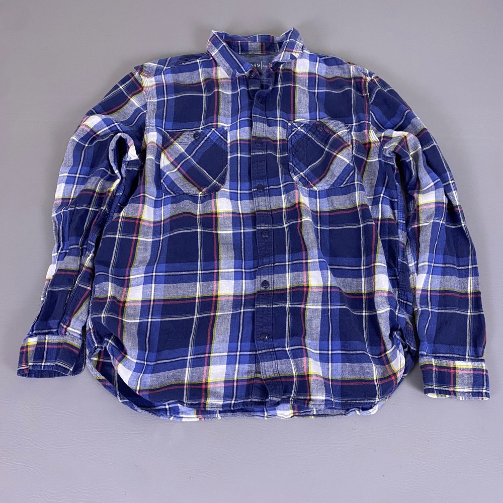 Gap 1969 Flannel Button Down Shirt Men's Size XL Blue‎ Plaid Linen Cotton Blend